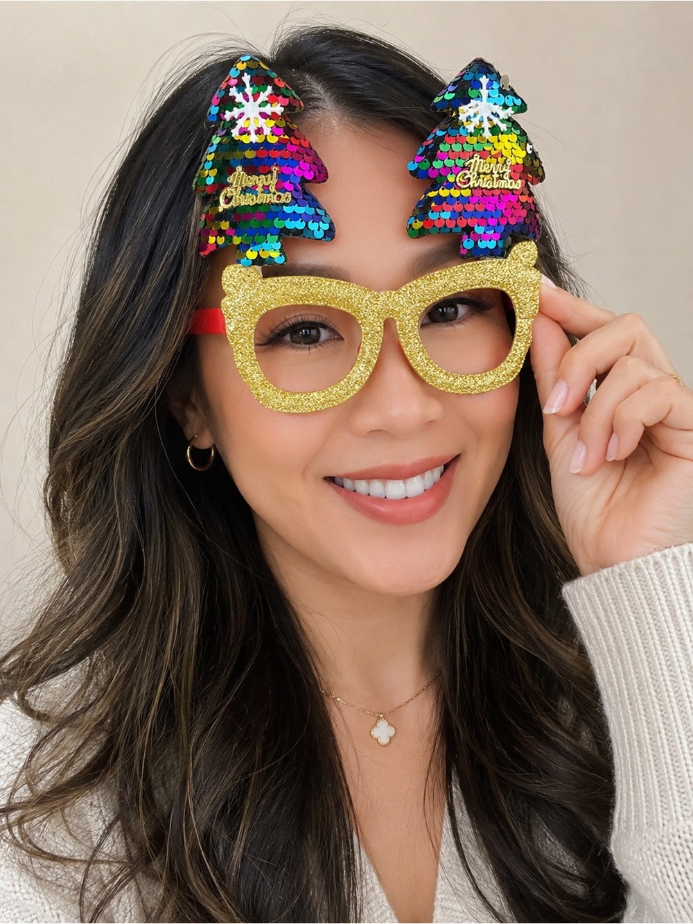 Gold Glitter Holiday Glasses with Multicolor Sequin Trees - Party Photo Booth